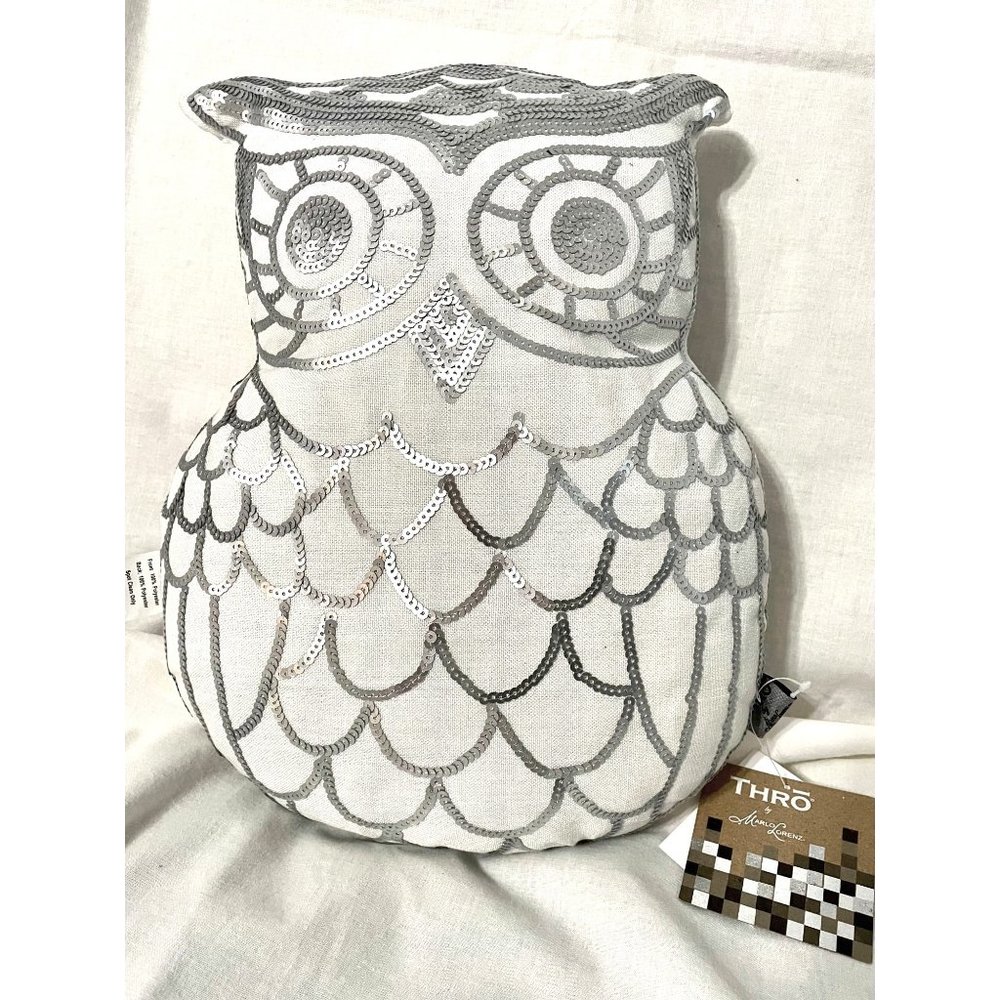 NEW THRO by Marlo Lorenz MARVIN Silver Sequin White Owl Throw Decorative Pillow